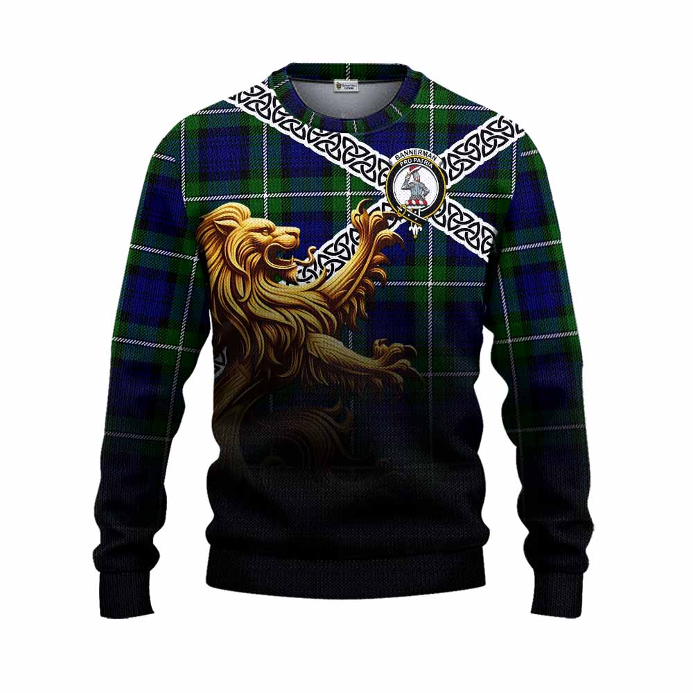 Bannerman Crest Tartan Knitted Sweater with Golden Lion Emblem Celtic Style Unisex - Tartan Vibes Clothing