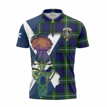 Tartan Vibes Clothing Bannerman Tartan Family Crest Zipper Polo Shirt Scottish Thistle Celtic Inspired