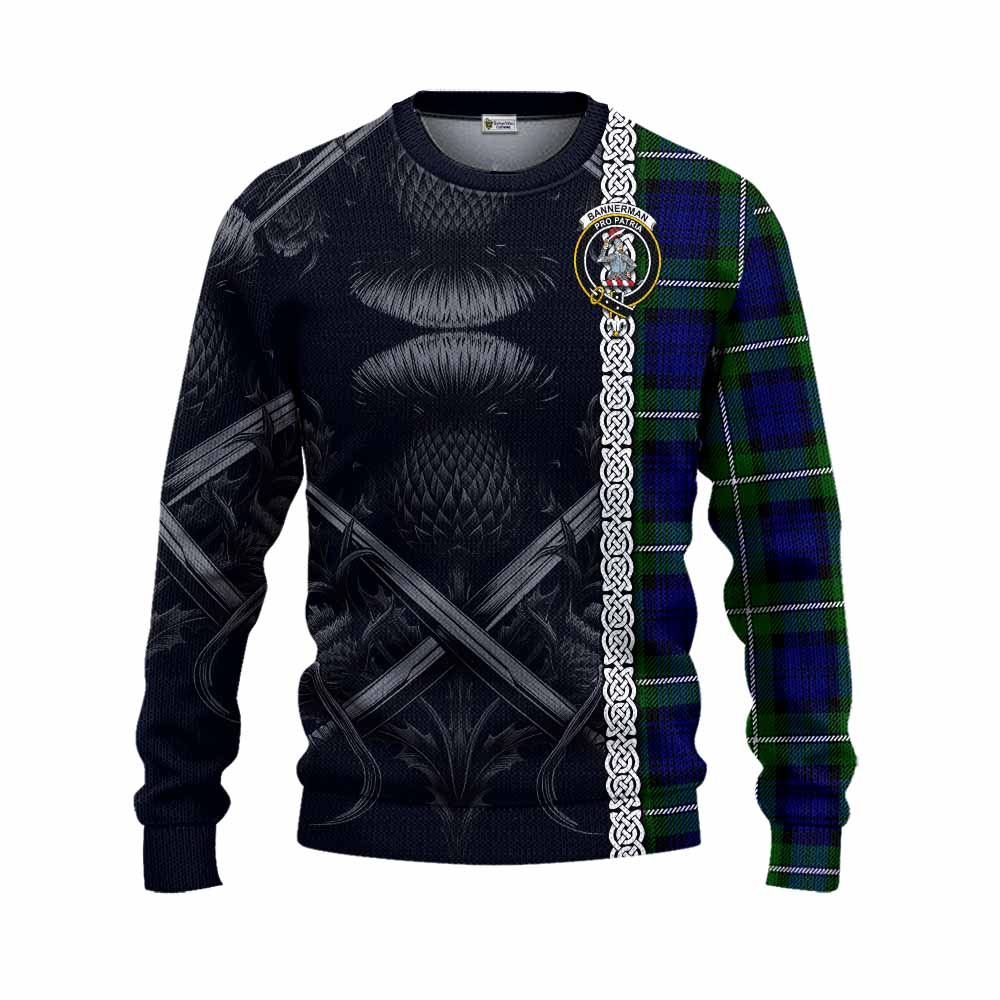 Bannerman Tartan Knitted Sweater with Family Crest Cross Sword Thistle Celtic Vibes Unisex - Tartan Vibes Clothing