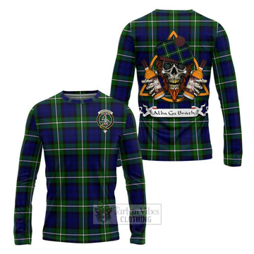 Bannerman Tartan Long Sleeve T-Shirt with Family Crest and Bearded Skull Holding Bottles of Whiskey Unisex - Tartan Vibes Clothing