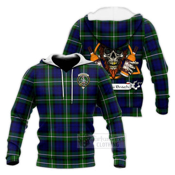 Bannerman Tartan Knitted Hoodie with Family Crest and Bearded Skull Holding Bottles of Whiskey Unisex Knitted Pullover Hoodie - Tartan Vibes Clothing