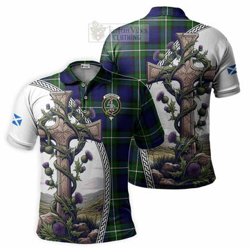 Bannerman Tartan Polo Shirt with Family Crest and St. Andrew's Cross Accented by Thistle Vines Kid - Tartan Vibes Clothing