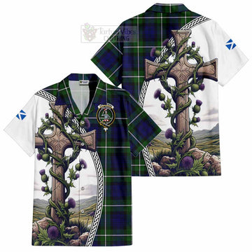 Bannerman Tartan Hawaiian Shirt with Family Crest and St. Andrew's Cross Accented by Thistle Vines Kid - Tartan Vibes Clothing