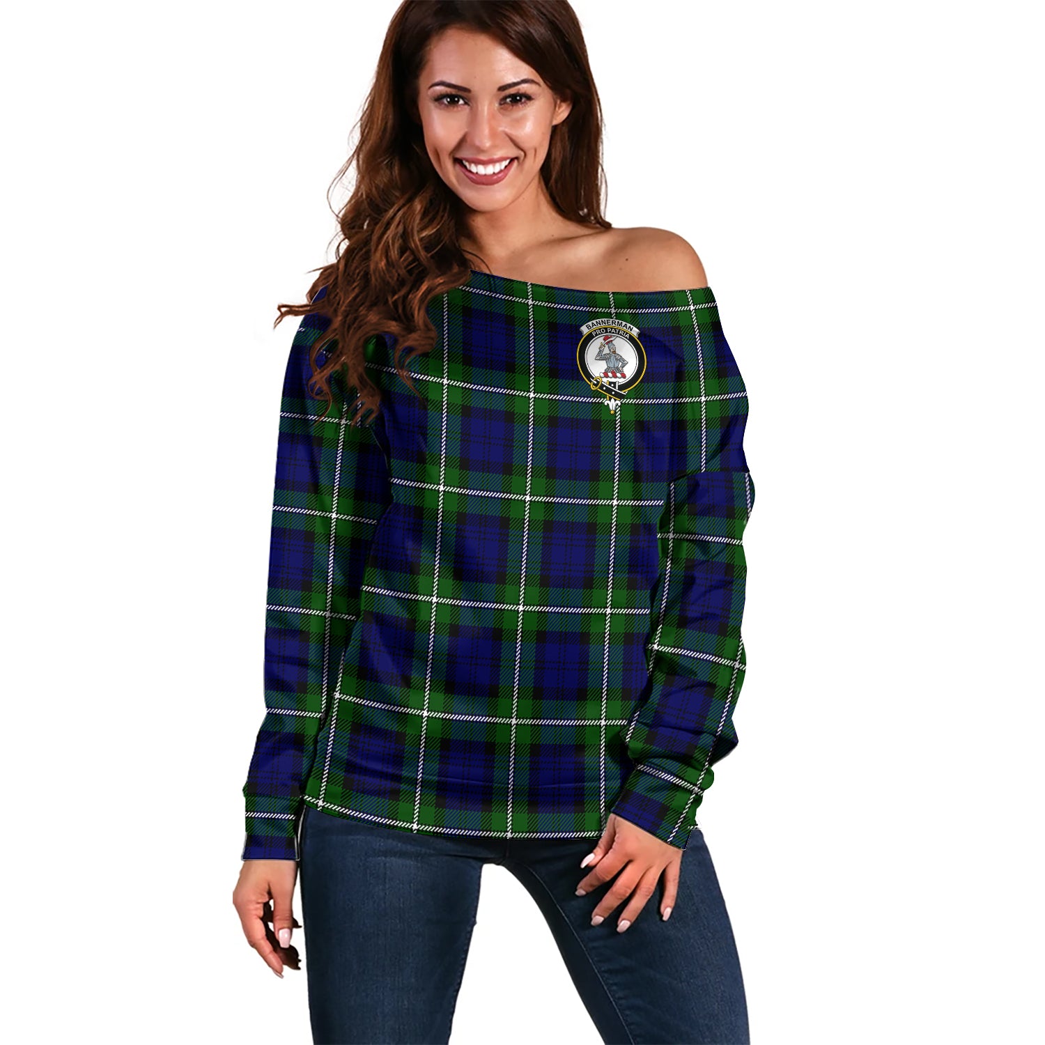 Bannerman Tartan Off Shoulder Women Sweater with Family Crest Women - Tartan Vibes Clothing