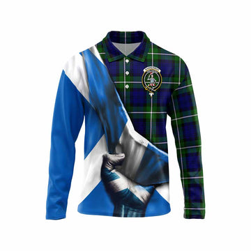 Bannerman Tartan Long Sleeve Polo Shirt with Family Crest Scotland Patriotic Style Unisex - Tartan Vibes Clothing