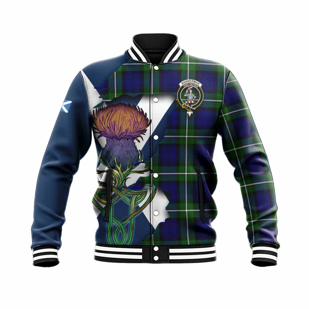 Tartan Vibes Clothing Bannerman Tartan Family Crest Baseball Jacket Scottish Thistle Celtic Inspired
