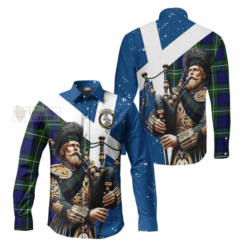 Bannerman Tartan Long Sleeve Button Shirt with Family Crest Scottish Bagpiper Vibes Men's Shirt - Tartan Vibes Clothing