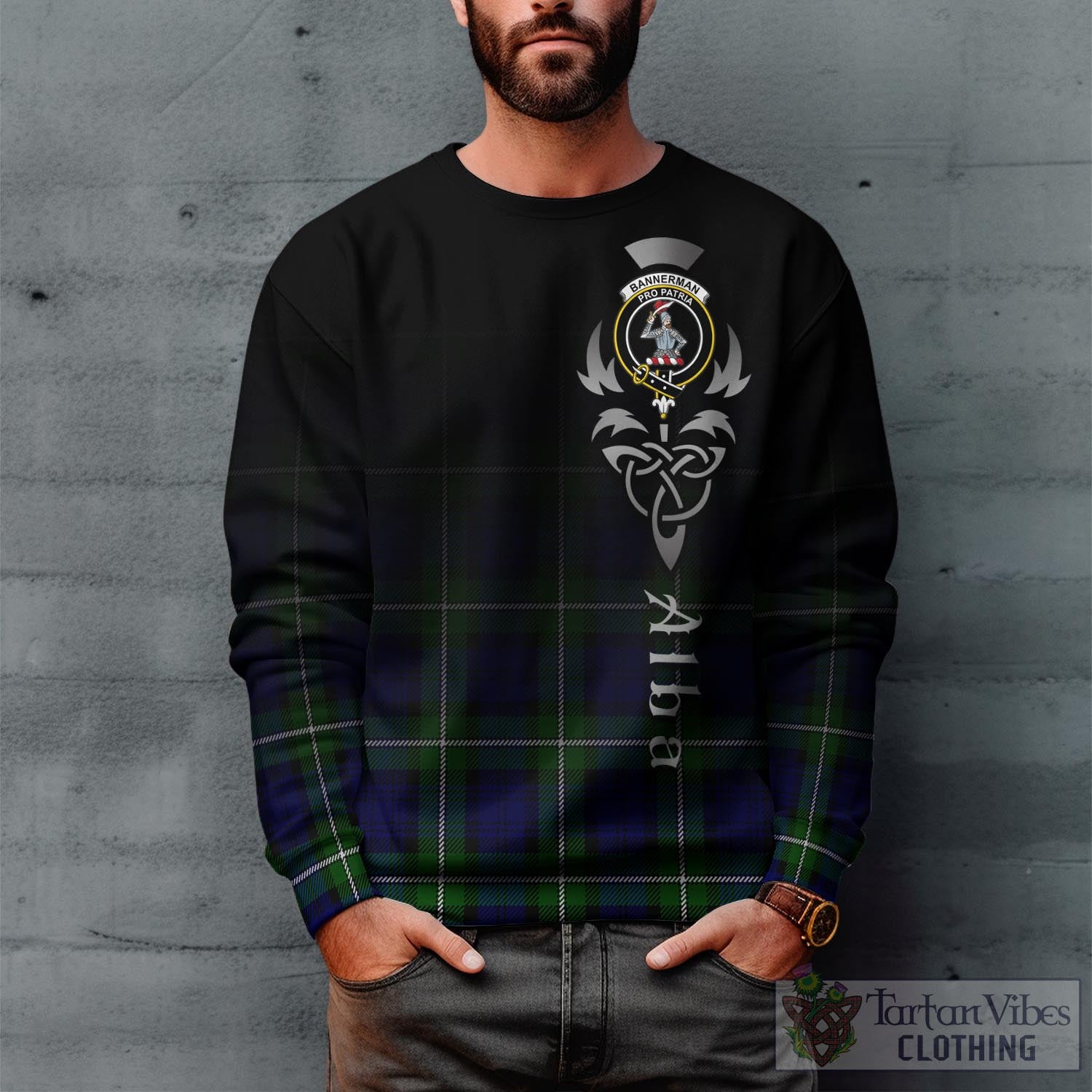Tartan Vibes Clothing Bannerman Tartan Sweatshirt Featuring Alba Gu Brath Family Crest Celtic Inspired