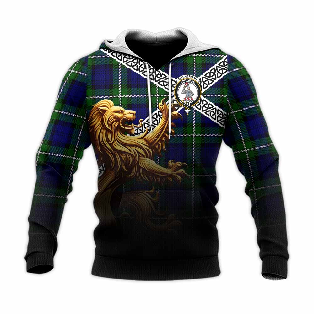 Bannerman Crest Tartan Knitted Hoodie with Golden Lion Emblem Celtic Style Unisex Knitted Pullover Hoodie - Tartan Vibes Clothing