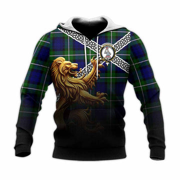 Bannerman Crest Tartan Knitted Hoodie with Golden Lion Emblem Celtic Style Unisex Knitted Pullover Hoodie - Tartan Vibes Clothing
