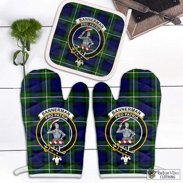 Bannerman Tartan Combo Oven Mitt & Pot-Holder with Family Crest Combo 2 Oven Mitt & 1 Pot-Holder Black - Tartan Vibes Clothing