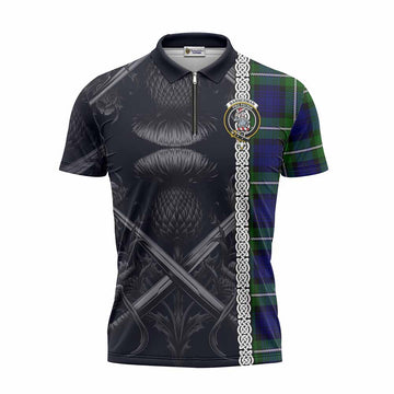Bannerman Tartan Zipper Polo Shirt with Family Crest Cross Sword Thistle Celtic Vibes Unisex - Tartan Vibes Clothing