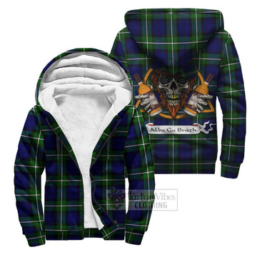 Bannerman Tartan Sherpa Hoodie with Family Crest and Bearded Skull Holding Bottles of Whiskey Unisex S - Tartan Vibes Clothing
