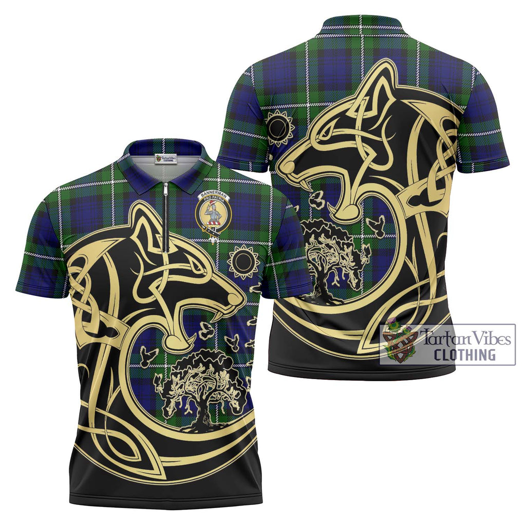 Bannerman Tartan Zipper Polo Shirt with Family Crest Celtic Wolf Style Unisex - Tartan Vibes Clothing