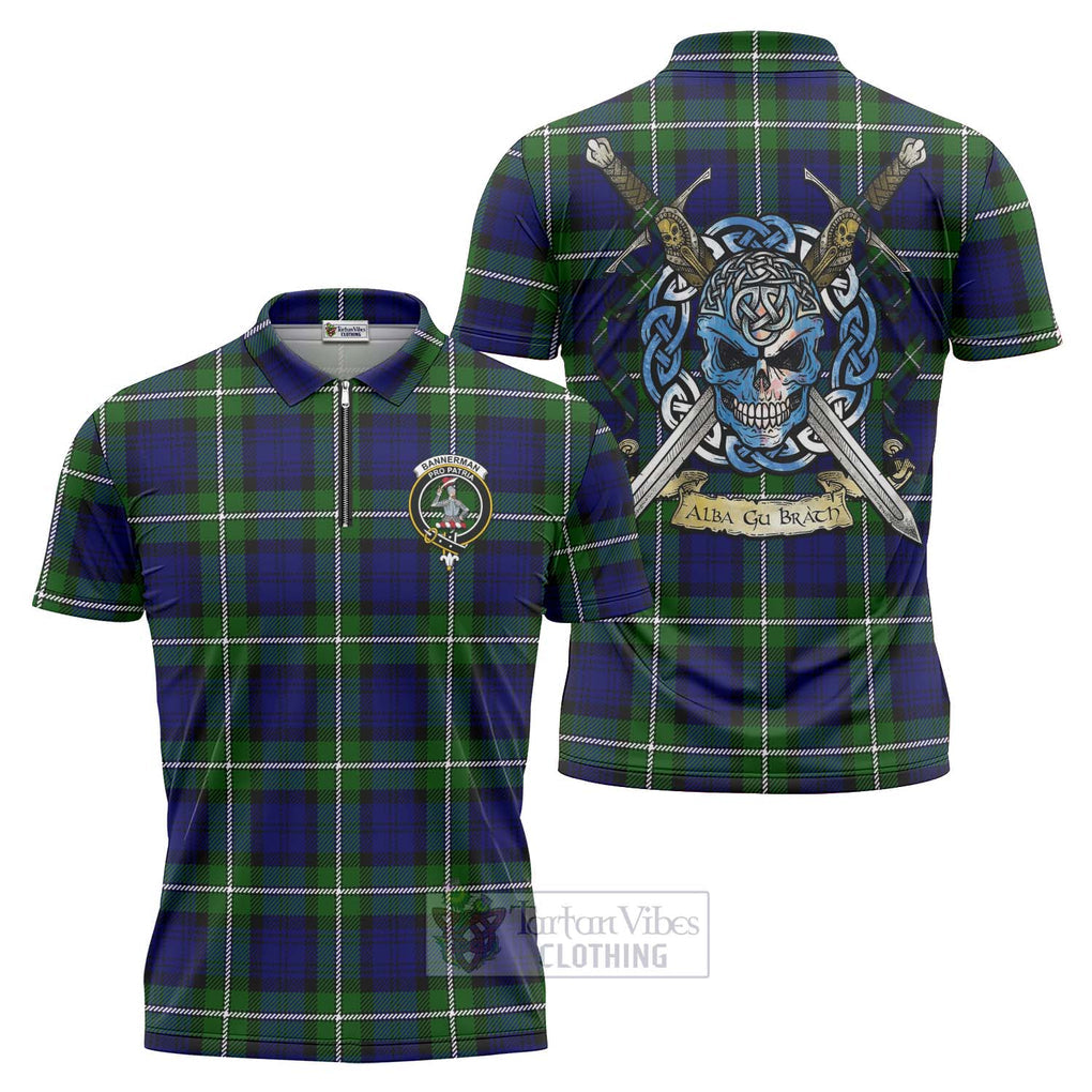 Bannerman Tartan Zipper Polo Shirt with Family Crest Celtic Skull Style Unisex - Tartan Vibes Clothing