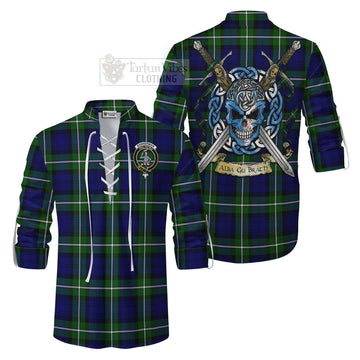 Bannerman Tartan Ghillie Kilt Shirt with Family Crest Celtic Skull Style Men - Tartan Vibes Clothing