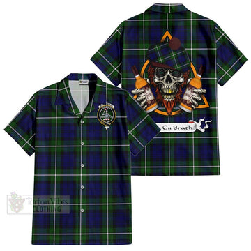 Bannerman Tartan Hawaiian Shirt with Family Crest and Bearded Skull Holding Bottles of Whiskey Kid - Tartan Vibes Clothing