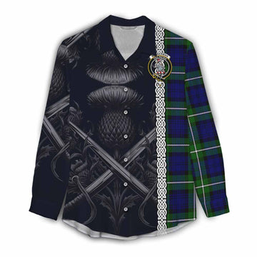 Bannerman Tartan Women's Casual Shirt with Family Crest Cross Sword Thistle Celtic Vibes Female - Tartan Vibes Clothing