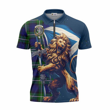 Bannerman Tartan Family Crest Zipper Polo Shirt with Scottish Majestic Lion Unisex - Tartan Vibes Clothing