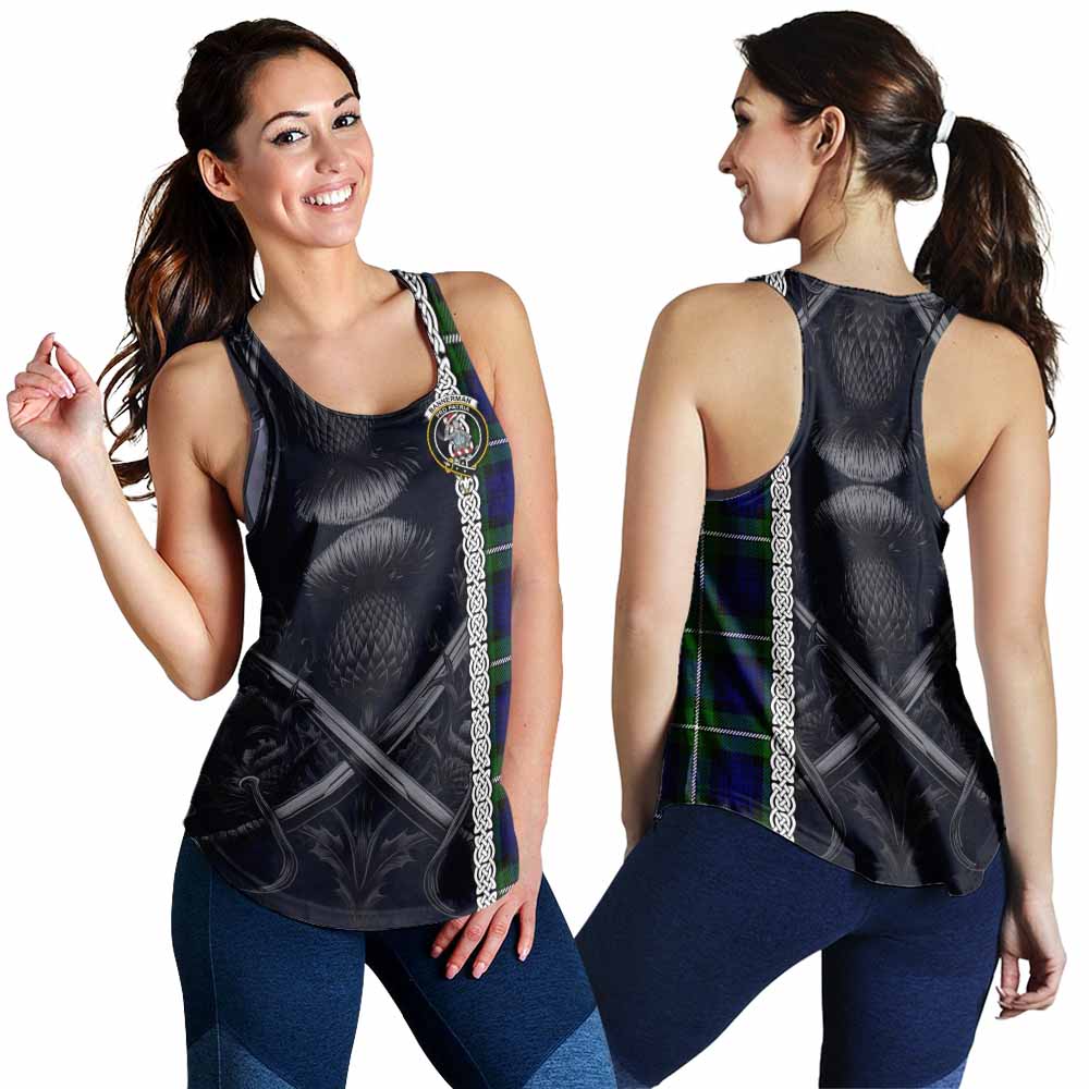 Bannerman Tartan Women's Racerback Tanks with Family Crest Cross Sword Thistle Celtic Vibes 4XL - Tartan Vibes Clothing