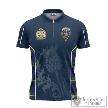 Bannerman Tartan Zipper Polo Shirt with Family Crest and Scottish Thistle Vibes Sport Style