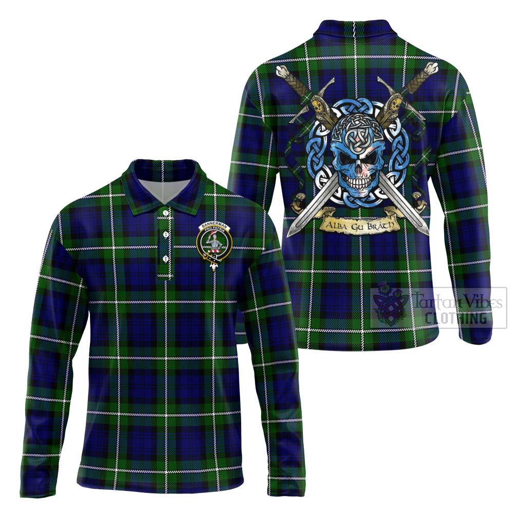 Bannerman Tartan Long Sleeve Polo Shirt with Family Crest Celtic Skull Style Unisex - Tartan Vibes Clothing