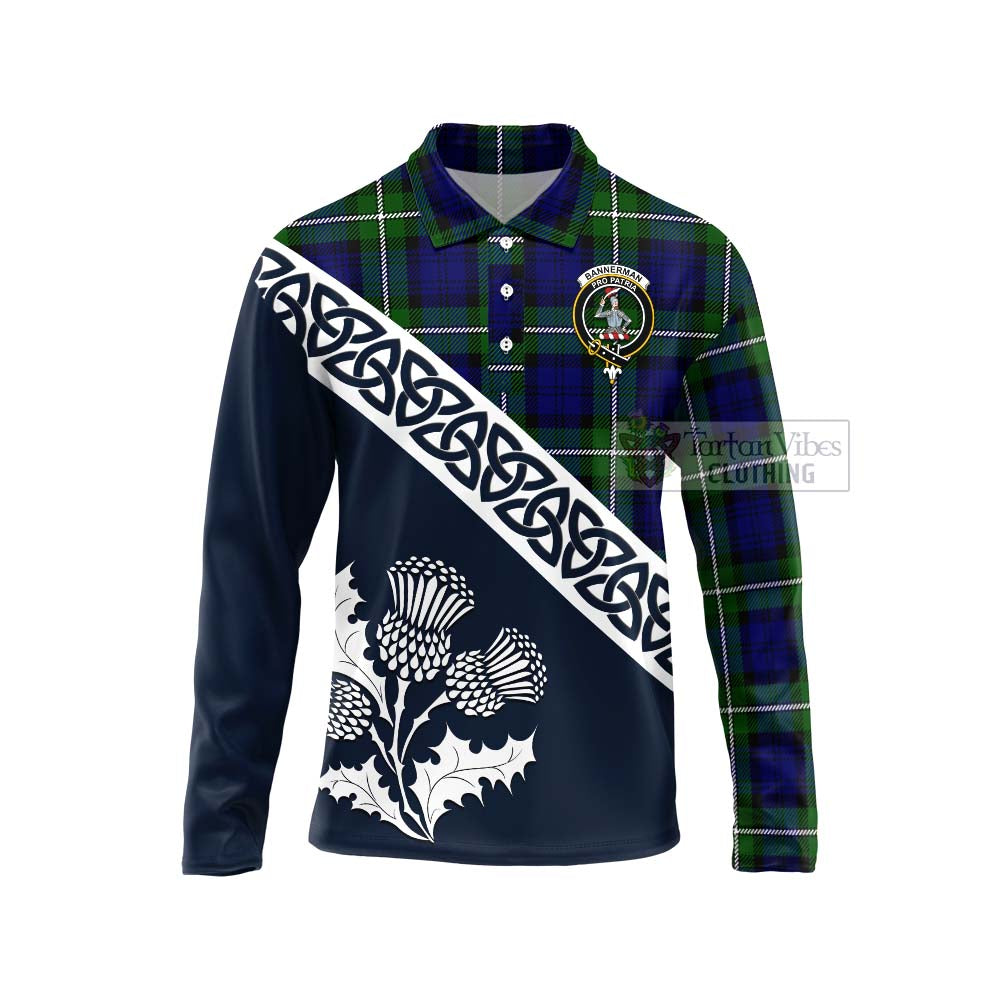 Bannerman Tartan Long Sleeve Polo Shirt Featuring Thistle and Scotland Map Unisex - Tartan Vibes Clothing