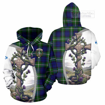 Bannerman Tartan Hoodie with Family Crest and St. Andrew's Cross Accented by Thistle Vines Zip Hoodie - Tartan Vibes Clothing