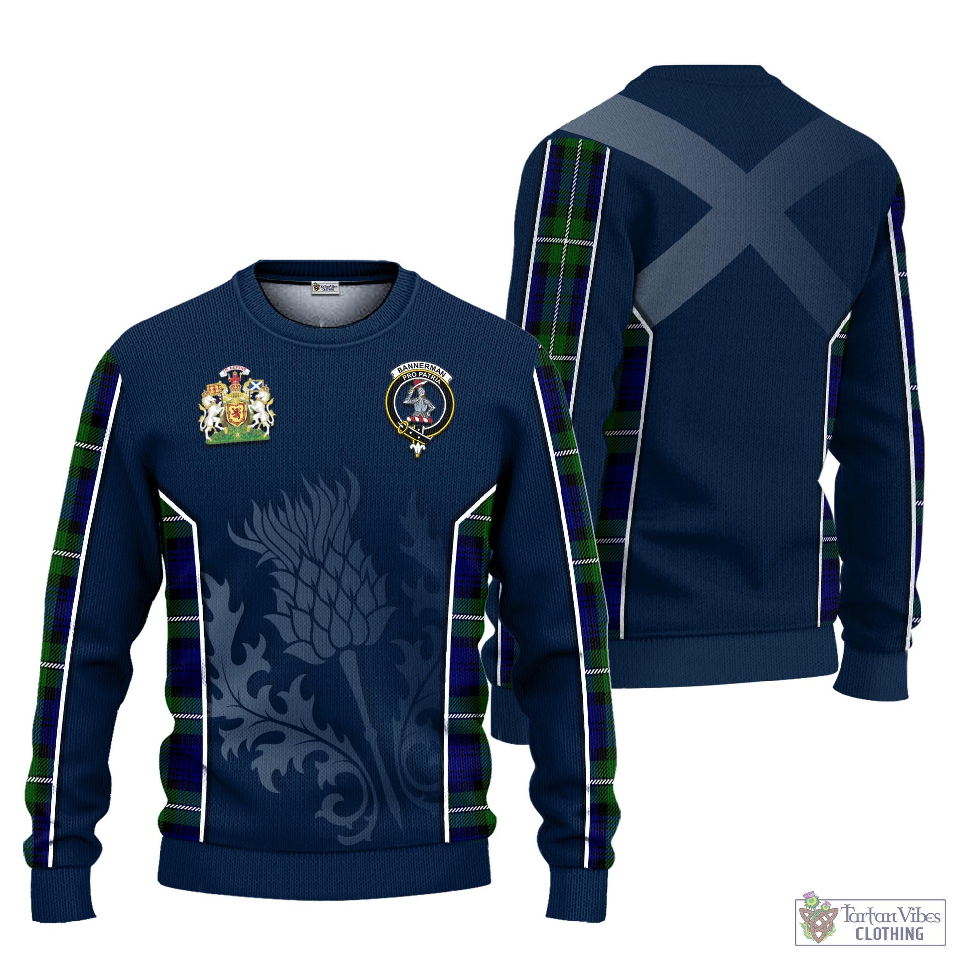 Bannerman Tartan Knitted Sweatshirt with Family Crest and Scottish Thistle Vibes Sport Style Unisex - Tartan Vibes Clothing