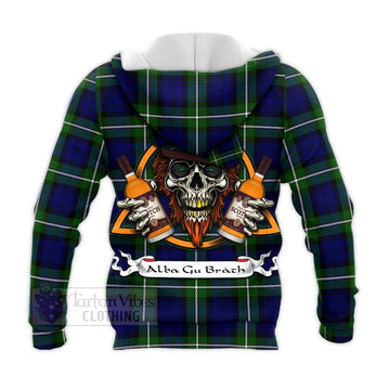 Bannerman Tartan Knitted Hoodie with Family Crest and Bearded Skull Holding Bottles of Whiskey - Tartan Vibes Clothing
