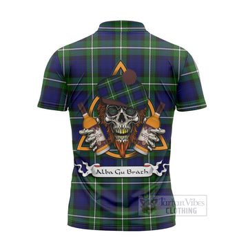 Bannerman Tartan Zipper Polo Shirt with Family Crest and Bearded Skull Holding Bottles of Whiskey - Tartan Vibes Clothing