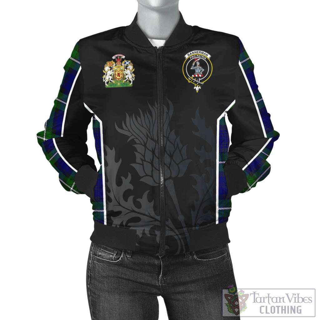Bannerman Tartan Bomber Jacket with Family Crest and Scottish Thistle Vibes Sport Style - Tartan Vibes Clothing