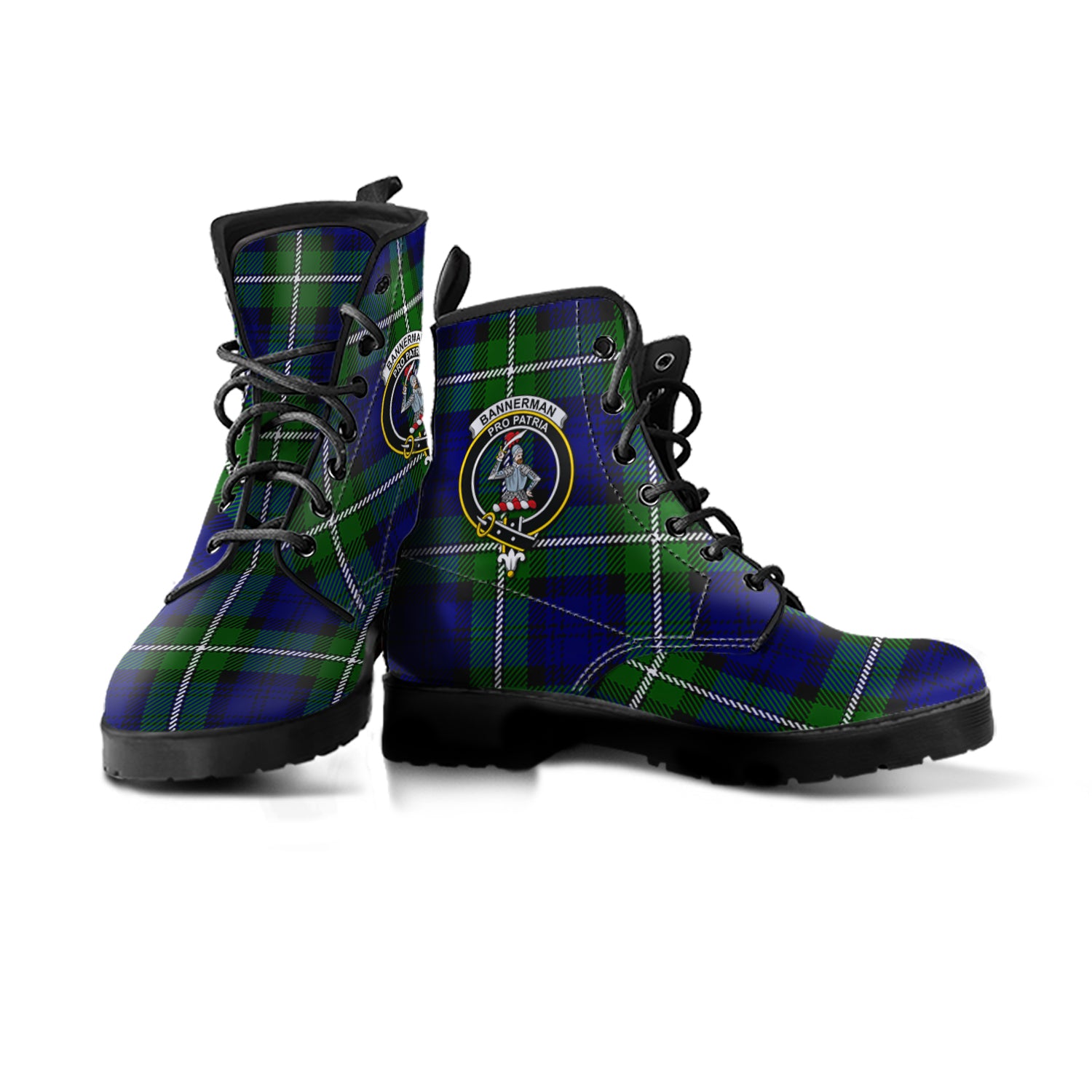 Bannerman Tartan Leather Boots with Family Crest - Tartanvibesclothing