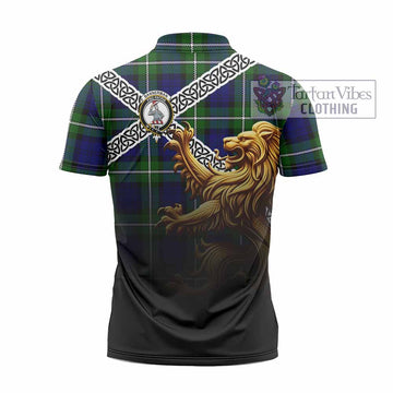 Bannerman Crest Tartan Zipper Polo Shirt with Golden Lion Emblem Celtic Style - Tartan Vibes Clothing