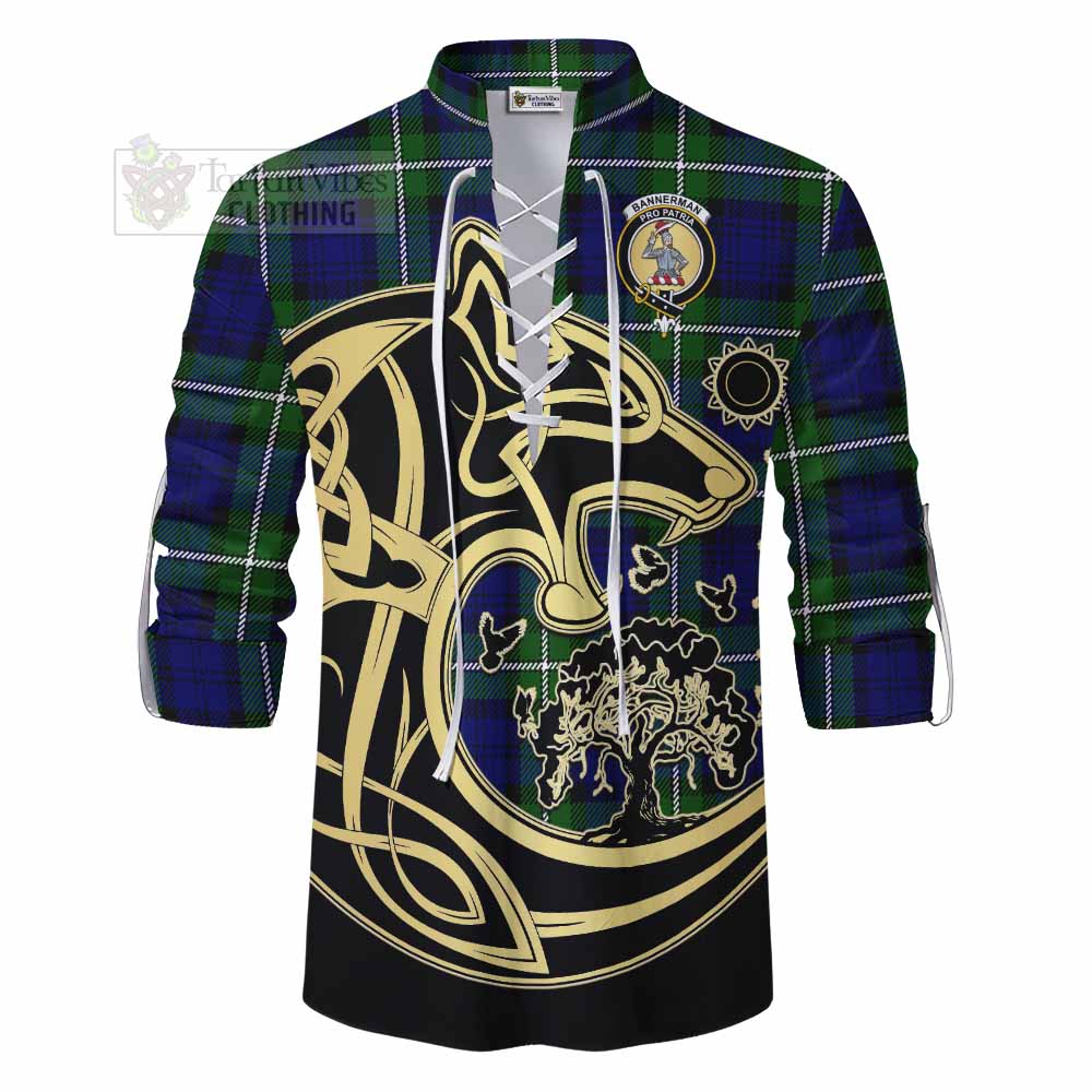 Bannerman Tartan Ghillie Kilt Shirt with Family Crest Celtic Wolf Style - Tartan Vibes Clothing
