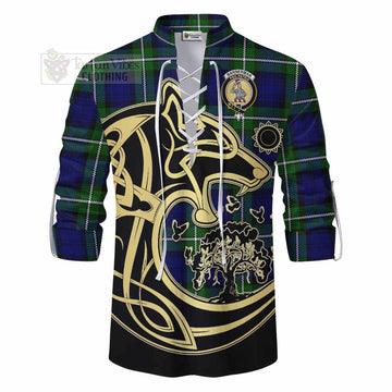 Bannerman Tartan Ghillie Kilt Shirt with Family Crest Celtic Wolf Style - Tartan Vibes Clothing
