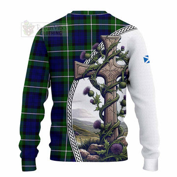Bannerman Tartan Knitted Sweater with Family Crest and St. Andrew's Cross Accented by Thistle Vines - Tartan Vibes Clothing