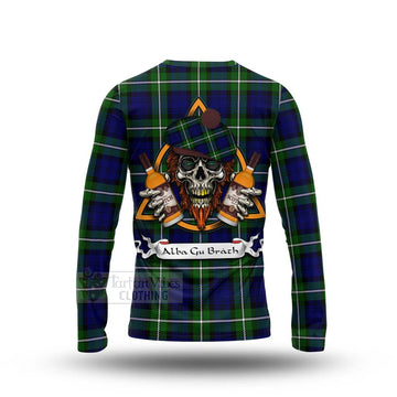 Bannerman Tartan Long Sleeve T-Shirt with Family Crest and Bearded Skull Holding Bottles of Whiskey - Tartan Vibes Clothing