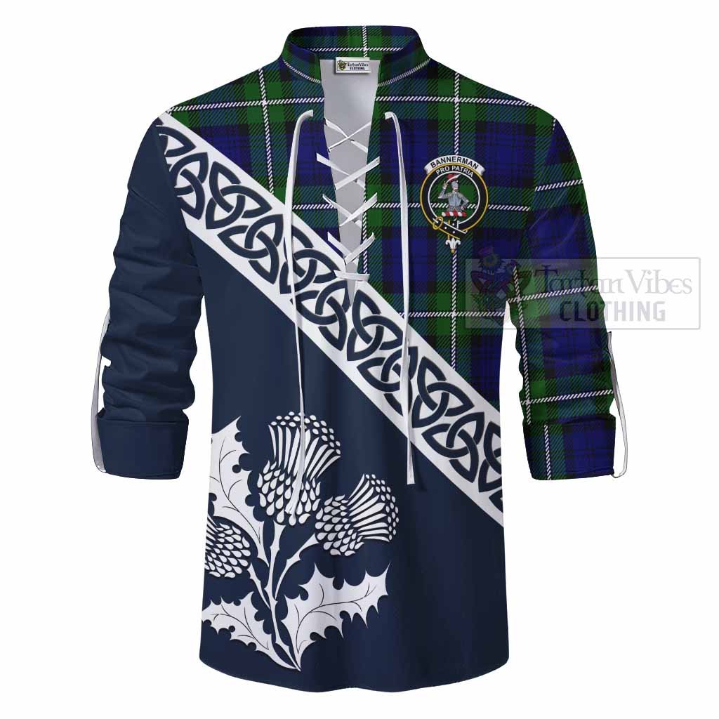 Bannerman Tartan Ghillie Kilt Shirt Featuring Thistle and Scotland Map - Tartan Vibes Clothing