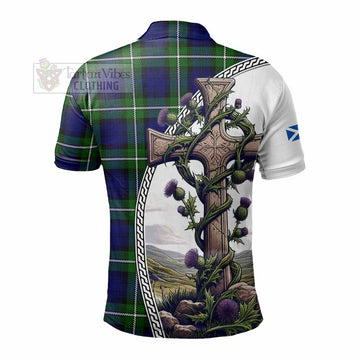 Bannerman Tartan Polo Shirt with Family Crest and St. Andrew's Cross Accented by Thistle Vines - Tartan Vibes Clothing