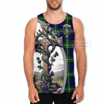 Bannerman Tartan Men's Tank Top with Family Crest and St. Andrew's Cross Accented by Thistle Vines - Tartan Vibes Clothing