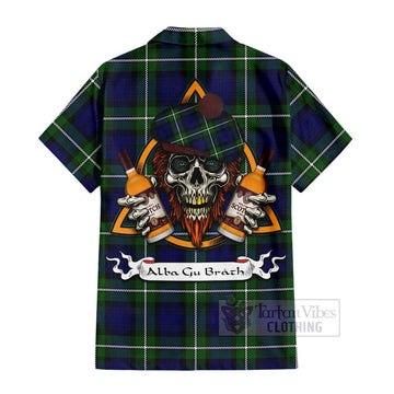 Bannerman Tartan Hawaiian Shirt with Family Crest and Bearded Skull Holding Bottles of Whiskey - Tartan Vibes Clothing
