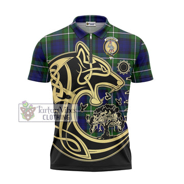 Bannerman Tartan Zipper Polo Shirt with Family Crest Celtic Wolf Style - Tartan Vibes Clothing