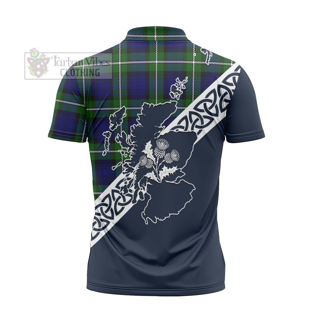 Bannerman Tartan Zipper Polo Shirt Featuring Thistle and Scotland Map - Tartanvibesclothing Store