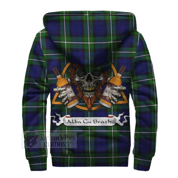 Bannerman Tartan Sherpa Hoodie with Family Crest and Bearded Skull Holding Bottles of Whiskey - Tartan Vibes Clothing