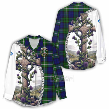 Bannerman Tartan Women's Casual Shirt with Family Crest and St. Andrew's Cross Accented by Thistle Vines - Tartan Vibes Clothing
