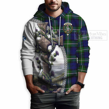 Bannerman Tartan Hoodie with Family Crest and St. Andrew's Cross Accented by Thistle Vines - Tartan Vibes Clothing