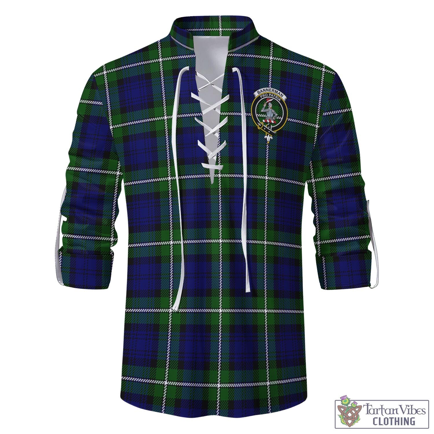 Tartan Vibes Clothing Bannerman Tartan Men's Scottish Traditional Jacobite Ghillie Kilt Shirt with Family Crest