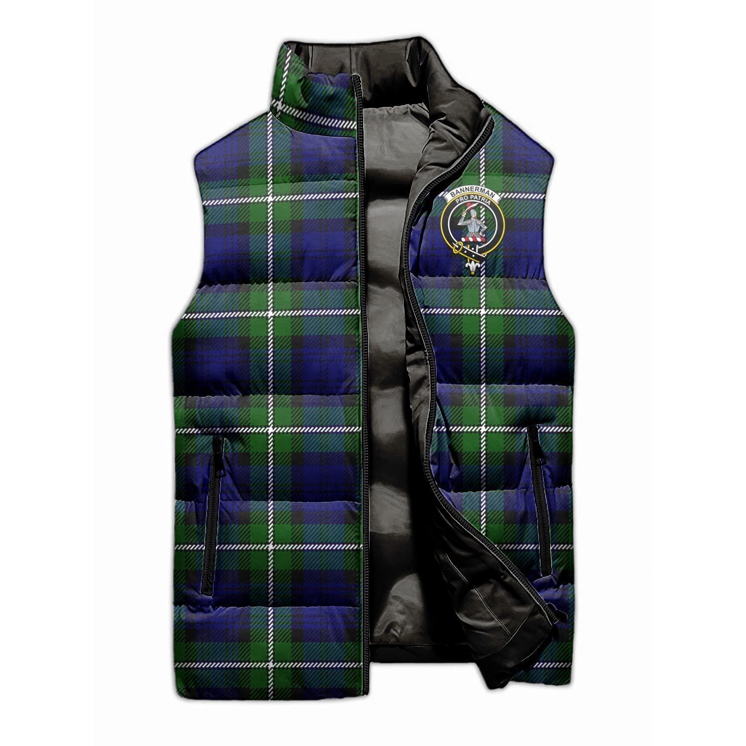 Bannerman Tartan Sleeveless Puffer Jacket with Family Crest - Tartan Vibes Clothing
