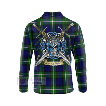 Bannerman Tartan Long Sleeve Polo Shirt with Family Crest Celtic Skull Style - Tartan Vibes Clothing